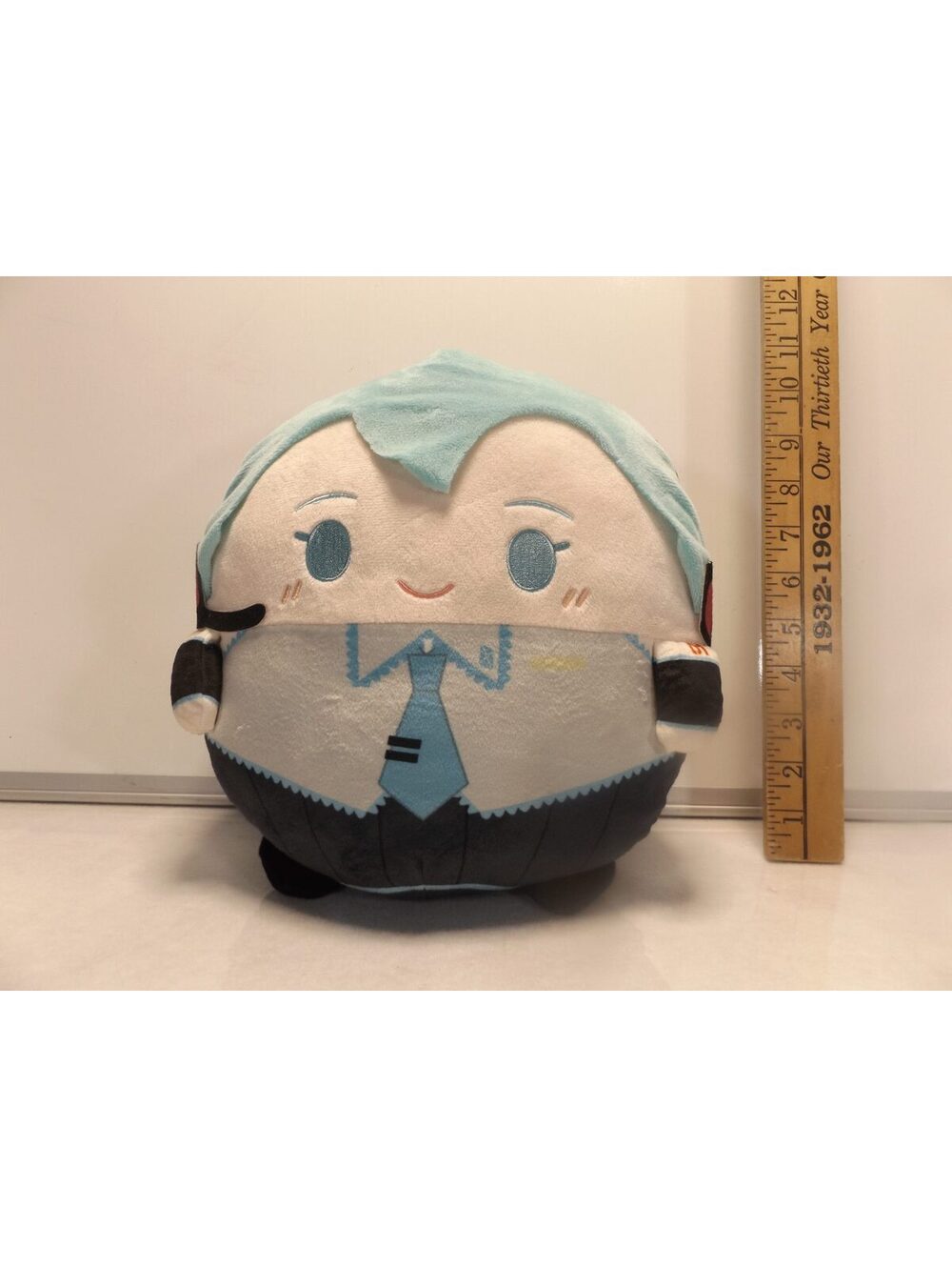 Round Chibi Plush Doll Teal Hair Gray Shirt Blue Tie Soft Pillow Stuffed Toy
